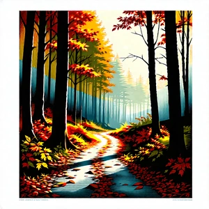 Nature Linocut Print: Path Through Autumn Woodland With Painting Forest