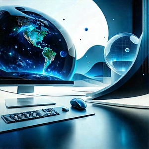 Futuristic (digital:1.28) Workspace With Computer Monitor