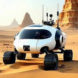 A Futuristic Vehicle, Possibly A Spacecraft Or A Rover, Parked In A Desert-like Environment