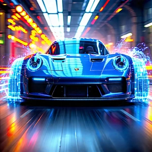 Tech Long Exposure Photography: Automotive Technology In Tech Office With Blue Sports