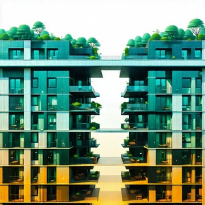 Urban Architectural Photography: Modern Apartment Complex With Green Rooftop With Large Building