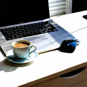 Business Digital Illustration: Workplace with laptop and coffee on desk