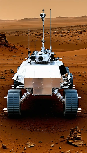 A Large, Silver Robotic Vehicle With A Metallic Appearance, Sitting On A Dirt Surface