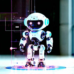 Tech Tilt-shift Photography: Robot With Data Streams With Robot Standing