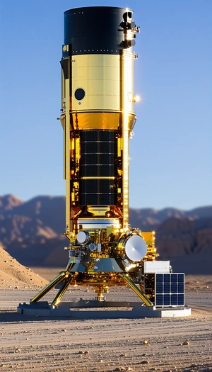 A Large, Shiny, Gold Spacecraft Sitting On A Dirt Field