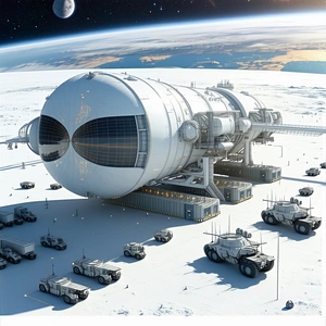 A Large White Spacecraft, Possibly A Space Station Or A Space Shuttle, Sitting On A Snowy Surface