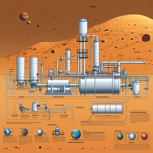 The Image Is A Detailed Illustration Of A Factory On A Distant Planet