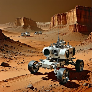 A White Robotic Vehicle, Possibly A Rover, Driving Across A Rocky Terrain