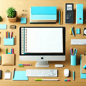 Business Digital Illustration: Workplace with modern office supplies on desk