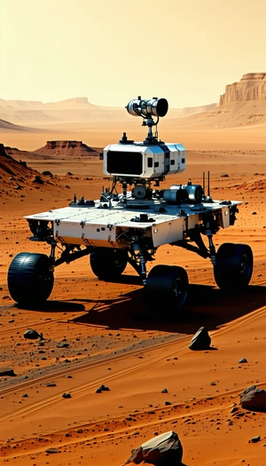 A Large Robotic Vehicle With A Camera On Its Front, Driving Across A Desert-like Terrain