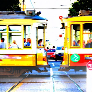 Urban Pastel Drawing: City tram in busy intersection