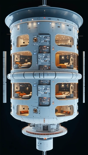 The Image Is A 3d Model Of A Large, Futuristic Space Station