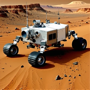 A White Robotic Vehicle, Possibly A Rover, Driving Across A Sandy Terrain