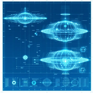 The Image Is A Blue And White Drawing Of Three Spaceships