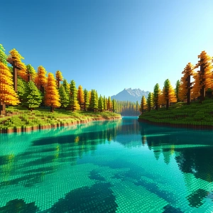 Nature Voxel Art: Crystal Clear Lake Surrounded By Autumn Trees With Computer-generated (cgi)