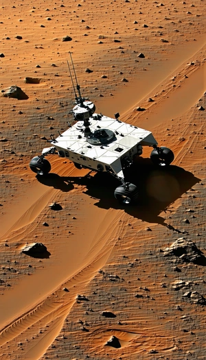 A White Robotic Vehicle, Possibly A Rover, Driving Across A Sandy Terrain