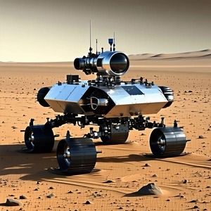 A Large, Silver Robotic Vehicle With A Dome-shaped Top, Sitting On A Sandy Surface