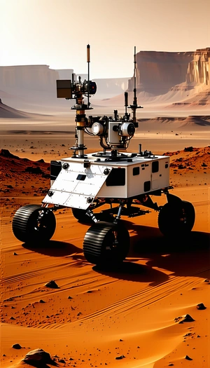 A White Robotic Vehicle With Four Wheels, Driving Across A Red Dirt Surface