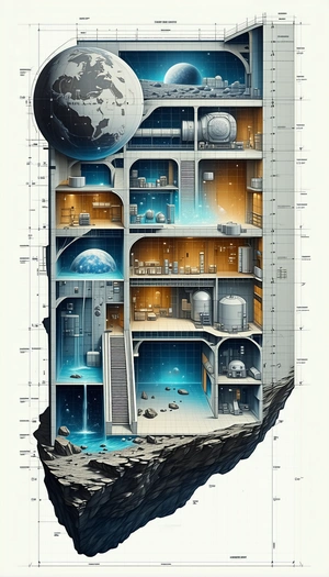 A Large, Futuristic Building Is Depicted In A Drawing, With A Variety Of Rooms And Spaces
