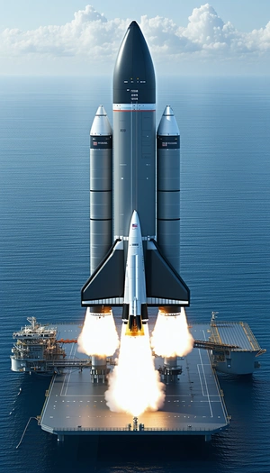 A Large Space Shuttle On A Ship, With The Shuttle's Booster Rockets Still Attached