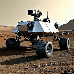 A Robotic Vehicle Is Sitting On A Rocky Surface, Possibly A Desert