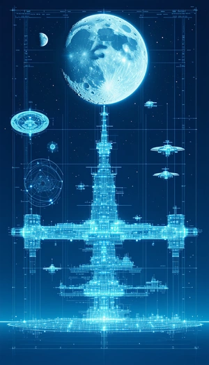 In This Image, There Is A Large, Futuristic Space Station With A Massive Tower In The Center