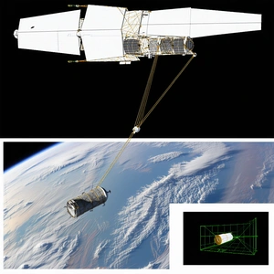 A Space Shuttle, Which Is Connected To A Large Satellite