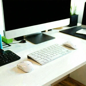 Business Tilt-Shift Photography: Workplace with (digital:1.11) devices on desk