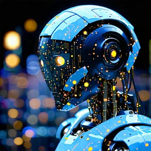 Robot With Data Streams With Futuristic Robot