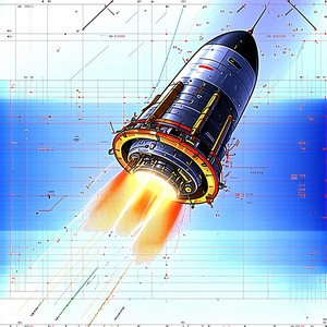 A Rocket Is Shown In A Blue And White Drawing