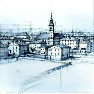 Urban Pencil Sketch: Cityscape of small town during midday