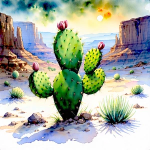 Nature Watercolor Painting: Cactus In Rocky Terrain With Cactus Plant
