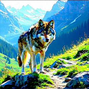 Nature Acrylic Painting: Wolf In (mountain:1.43) Terrain With Wolf Standing