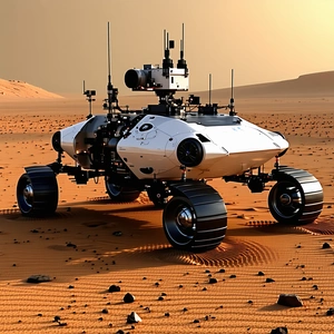 A White Robotic Vehicle Is Sitting On A Dirt Field