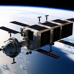 A Space Shuttle Is Flying Through The Sky, With A Large Satellite Attached To The Back Of It