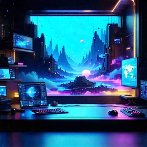 (futuristic:1.31) Digital Workspace With Image, There