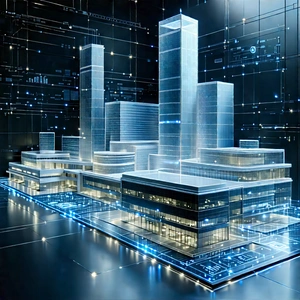 Financial Technology In Manufacturing Facility With Futuristic Cityscape