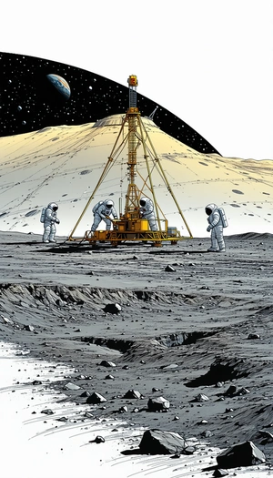 In The Image, There Are Three Astronauts Standing On The Moon, Working On A Space Station
