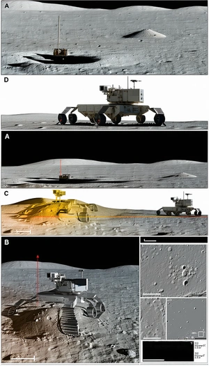 The Image Is A Series Of Three Pictures, Each Showing A Different Perspective Of A Rover On The Moon