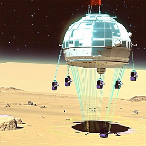 A Large, Round, And Silver Spacecraft Floating In The Air