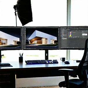 Business Architectural Photography: Creative Professional Using Multiple Monitors With Image, There