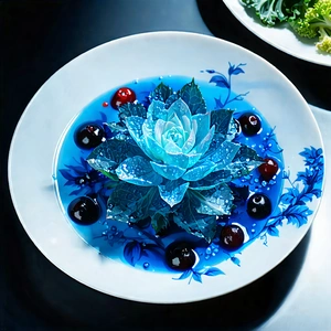 Lifestyle Ink Drawing: Fresh Salad Prepared With Artistic Presentation With Blue Plate