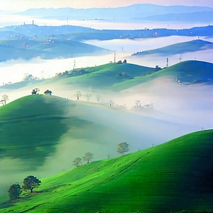 Nature Pastel Drawing: Rolling Hills During Foggy Morning With Beautiful Landscape