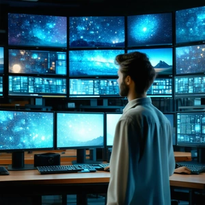 Business Concept Art: Education professional using multiple monitors