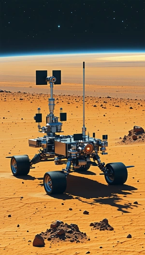 A Large Robotic Vehicle, Possibly A Rover, Sitting On A Sandy Surface