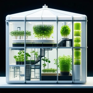 A Large, Modern Greenhouse With A White Roof