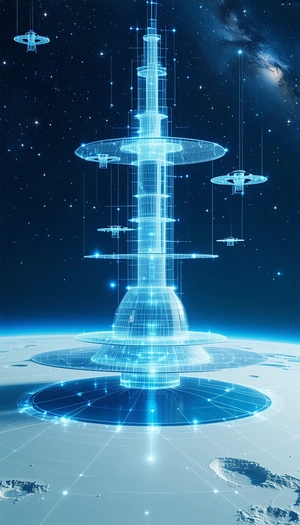 A Futuristic Space Station With A Large, Blue, And White Tower In The Center