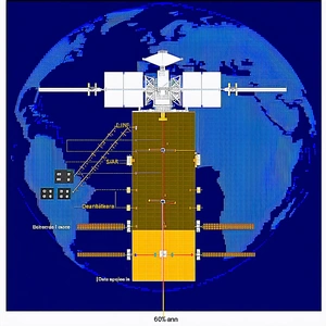 The Image Is A Blue And Yellow Drawing Of A Space Station, With A Large Satellite Dish On Top
