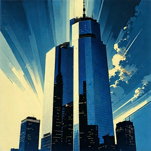 Urban Lithograph: Skyscraper With Dramatic Lighting With Painting City
