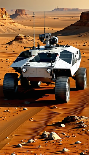 A White Vehicle Is Driving On A Dirt Road In A Desert